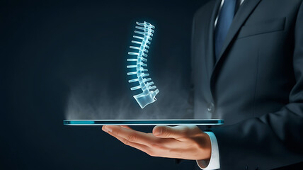 Doctor in a suit holds a futuristic holographic display of a human spine