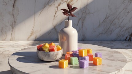 Fototapeta premium Colorful cube candies near vase and bowl on marble surface