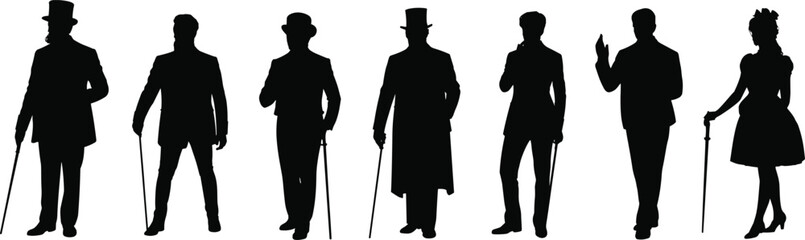 Vintage silhouettes, elegant men and women, formal attire, holding canes, Victorian fashion, historical clothing, retro style, black illustration, timeless elegance