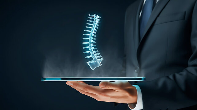 Doctor in a suit holds a futuristic holographic display of a human spine