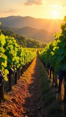 Fototapeta premium A picturesque vineyard bathed in golden sunlight, rolling hills in the background, vines laden with ripe grapes ready for harvest Perfect for winery holiday marketing , excellent, beautiful