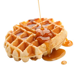 A whole single Belgian waffle with syrup isolated on a transparent background