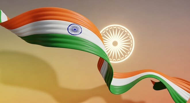 Symbolic representation of India's national pride with a flowing tricolor flag ribbon and a glowing Ashoka Chakra wheel. Patriotic concept.