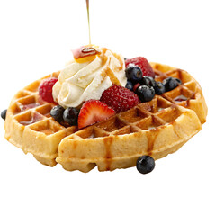 A whole single Belgian waffle with syrup isolated on a transparent background