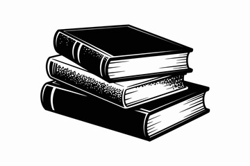 A vintage black and white illustration of a stack of three classic hardcover books representing knowledge and education.