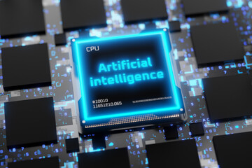 Artificial intelligence chip. AI. Artificial intelligence generates content. Chatbot of artificial intelligence. Artificial intelligence will replace humans. AI writes program code. 3D render.