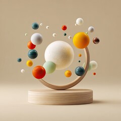 Floating spheres in a wooden ring on a pedestal