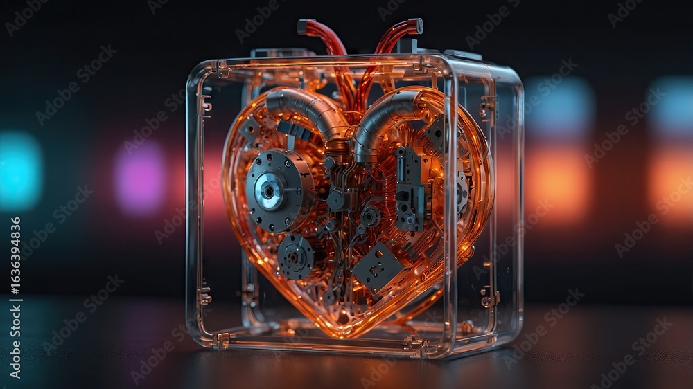 Aufkleber a heart with intricate mechanical parts displayed in a transparent box.