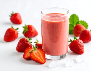 Pink strawberry smoothie in glass, fresh berries