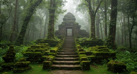 Ancient stone temple with moss-covered steps leading to its entrance, nestled in a lush, misty forest setting.