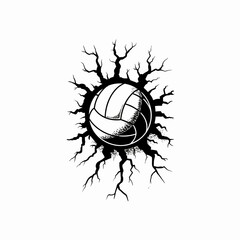 Volleyball bursting through a cracked surface isolated on white background