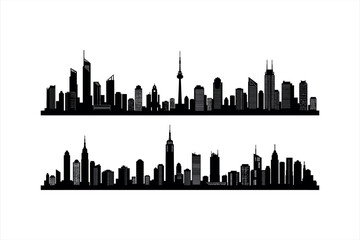 Fototapeta premium Two black silhouette city skylines with detailed building windows on white background cityscape urban