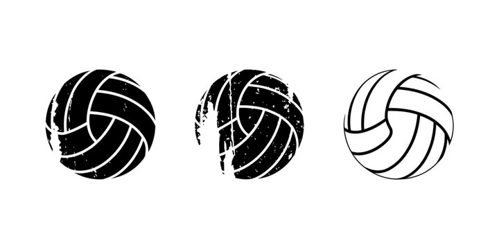 A versatile collection of vector volleyball symbols, featuring black grunge, silhouette, and line art ball illustrations isolated on white.