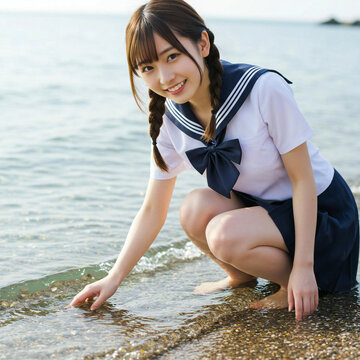High school girls enjoying the beach/ ビーチを楽しむ女子高生

