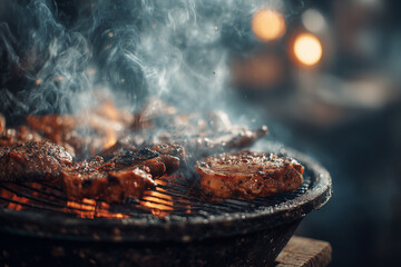 Selective focus smoked brisket in smoker, Close up shot grilled meat on charcoal grilled.