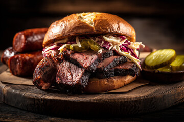 Smoked brisket with burger bun on tray, Set of texas barbecue style with smoked food, Pulled pork and braise beef in bun with cucumber pickled, Barbecue beef with coleslaw.