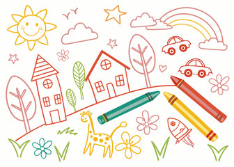 Playful kid crayon sketch seamless pattern with colorful houses, rainbow, sun, flowers, cats, trees, and clouds. Perfect vector background for nursery, preschool, and baby creative projects.

