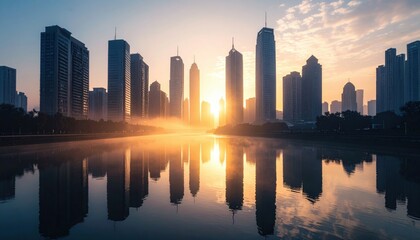 Obraz premium Sunrise Over City Skyline Reflected In Water
