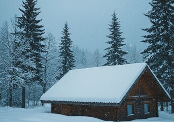 Naklejka premium Snow-covered cabin nestled amongst tall, snow-laden pine trees in a tranquil winter forest.