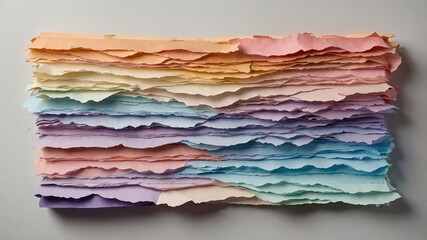 A stack of colorful, torn paper sheets arranged in layers.