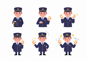 Cartoon conductor character with a pocket watch displaying various emotions related to time, punctuality, and waiting scenarios.