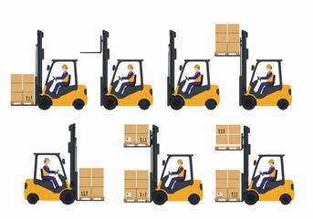 Forklift operation process illustration showing a worker moving cardboard boxes on pallets in a warehouse setting, depicting material handling steps.