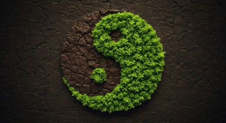 Yin and Yang symbol formed from lush greenery and cracked earth, representing balance and harmony in nature.