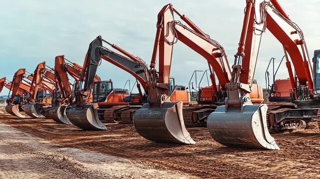Row of excavators at construction site under cloudy sky
