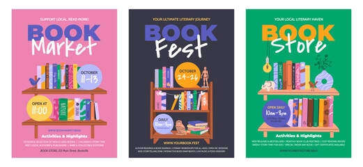 Set of vertical posters for Book Market, Festival, and Book Store. Templates for advertising and promotion. Stacks of various books, bookshelves and decor. Banner designs for World Book Day concepts. © Iuliia Savko