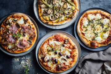 Top view various type of Italy pizza in restaurant, Various type of pizza with ham, mushroom, olive and cheese.