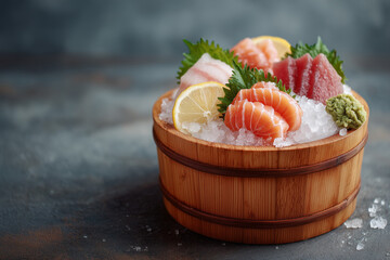 Fresh fish fillet sliced in wooden bucket, Japanese style sashimi in wooden bucket in restaurant, Set of variety sushi flavor on dining table in japanese style restaurant.