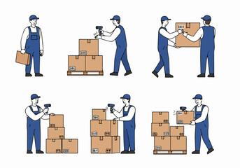 Illustration set of male workers managing packages: scanning barcodes, lifting, and stacking boxes for logistics and delivery operations.