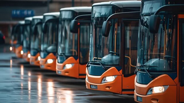 Row of urban buses lined up at terminal.