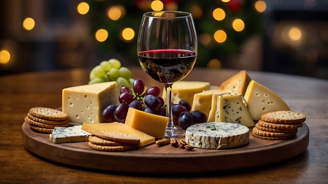 A wooden board with cheese grapes crackers and a glass of red wine in front of christmas lights