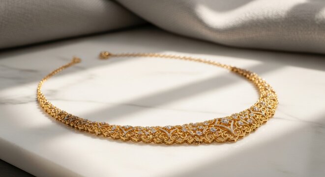 Exquisite Gold Filigree Necklace with Diamonds in Elegant Sunlight on Marble