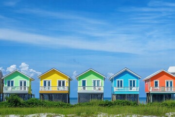 Colorful cottages by the sea under blue sky