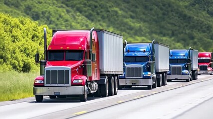 Convoy of colorful trucks on highway in daylight