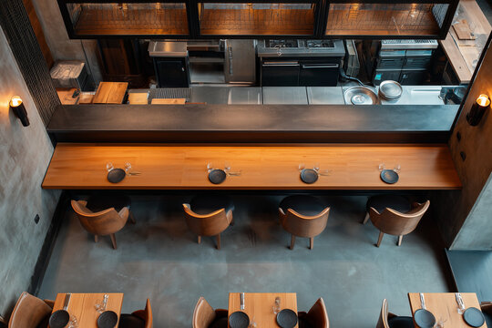 Top view modern kitchen design with functional layout, Minimal and modern design of kitchen in apartment, Contemporary kitchen with dining table and counter bar, Fine dining restaurant .