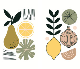 Minimalist Abstract Food Art: A Stylish Vector Illustration of Pears, Lemons, and Onions with Geometric Shapes and Lines, Ideal for Kitchen and Restaurant Decor
