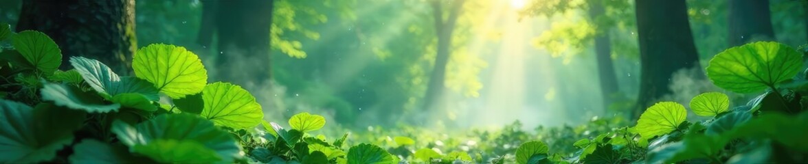 Sunlit Forest Mist Ethereal Green Leaves and Water Droplets in a Magical Scene