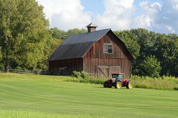 Rustic barn surrounded by trees and grass