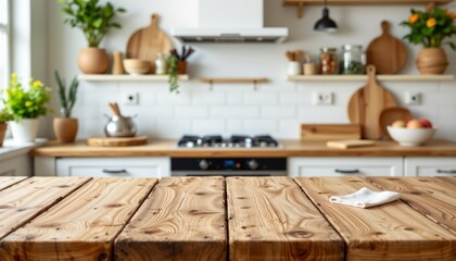 Wood Tabletop Display Blurred Kitchen Setting
