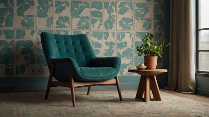 Teal velvet armchair and small wooden side table in a room with patterned wallpaper.