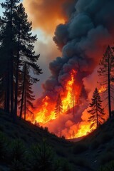 Fototapeta premium Raging Wildfire Fiery Orange and Black Smoke Billows Over Burning Forest, Intense Heat and Destruction, Climate Change Impact
