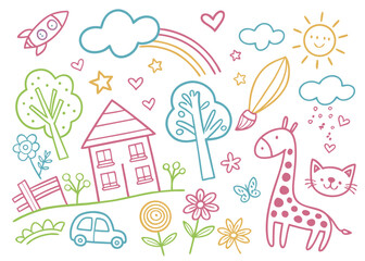 Playful children&rsquo;s crayon drawing background of a sunny neighborhood with houses, rainbow, sun, flowers, cats, trees, and clouds. Seamless vector pattern for nursery and preschool projects.

