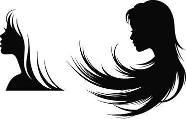 Woman Profile Silhouette, Flowing Hair Vector, Elegant Female Illustration, Black and White Design, Beauty Concept, Fashion, Haircare, Side View