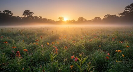 A serene sunrise illuminates a misty meadow filled with wildflowers and trees.