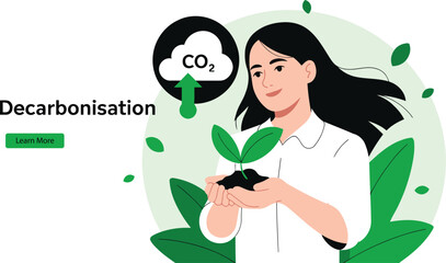 Reducing Carbon Emissions: A Vector Illustration of a Woman Holding a Plant, Symbolizing Decarbonisation, Sustainability, and a Cleaner, Greener Future