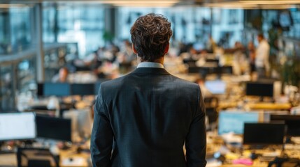 Businessman Observes Busy Office Environment with Modern Design