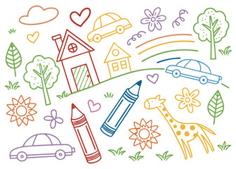 Playful hand-drawn child crayon pattern of a summer town with houses, rainbow, sun, flower, cat, tree, and clouds. Seamless vector background for nursery, preschool, or children’s books.

